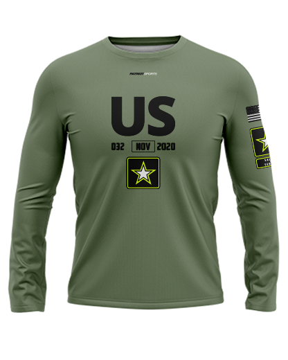 Patriot Sports ARMY Long Sleeve T-shirt  front view  with   HD Graphic , soft fabric and  handmade in California.  