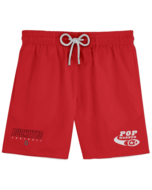 BUCKEYES CRIMSON Athletic Shorts   Patriot Sports    Front  View.  Printed all over in HD on premium fabric. Handmade in California.