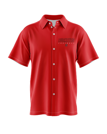 BUCKEYES CRIMSON Button Up Shirt  Patriot Sports  Front View  Printed all over in HD on premium fabric. Handmade in California.