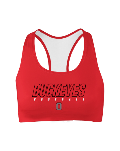 BUCKEYES CRIMSON Sports Bra   Patriot Sports    Front  View. Printed all over in HD on premium fabric. Handmade in California.