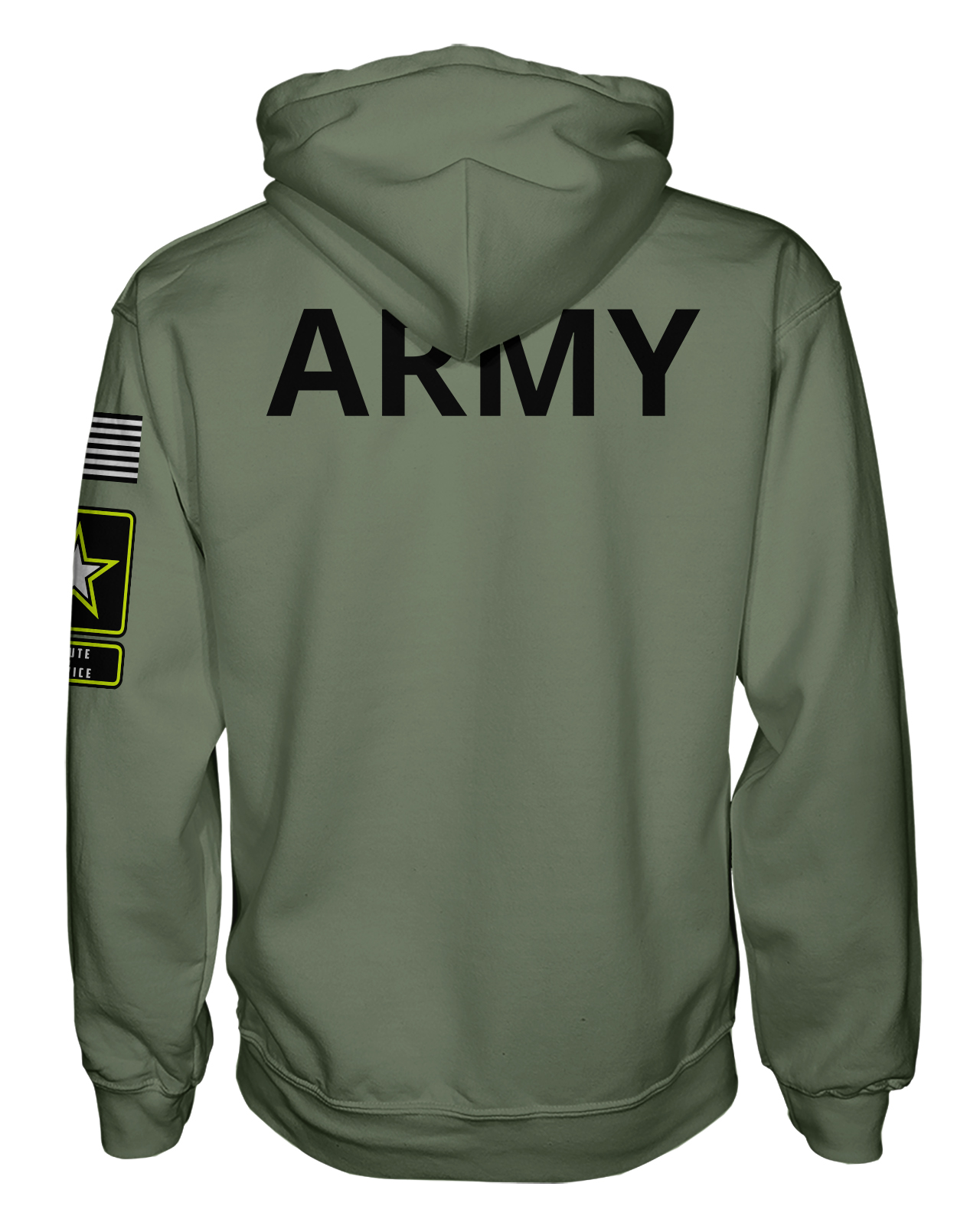 Patriot Sports  ARMY Pullover Hoodie  Back  View  with HD  Text "ARMY". 
