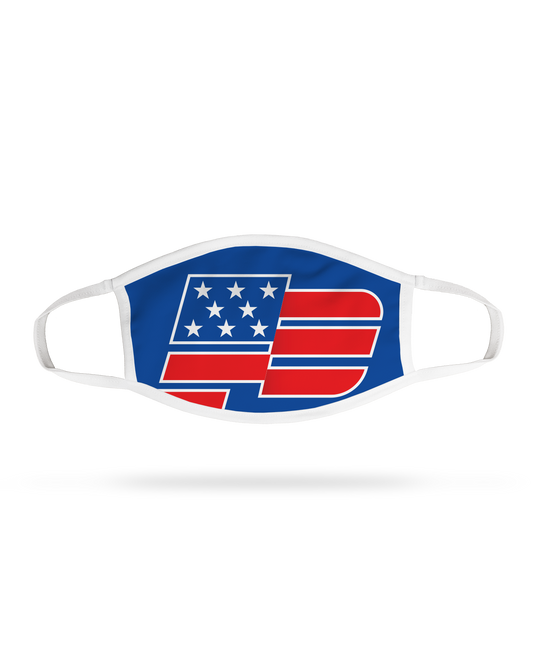 Prime Premium Face Mask    Patriot Sports   Front View with Ultra HD Graphic and  elastic ear  loop straps.