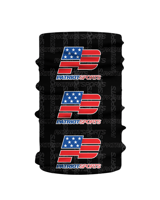 Patriot Sports  Sideline Gaiter (Multipurpose Face Mask)  Front   View  in black  with   Ultra HD Graphic  design, lightweight , breathable and  you will feel comfortable     