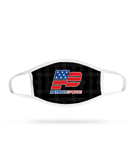 Sideline Premium Face Mask    Patriot Sports   Front View   with elastic earl loop straps and Ultra HD Graphics.