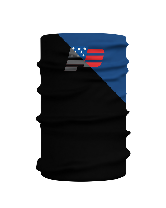 Split Gaiter (Multipurpose Face Mask)   Patriot Sports   Front View   in   black  with  blue color and with Ultra HD design.