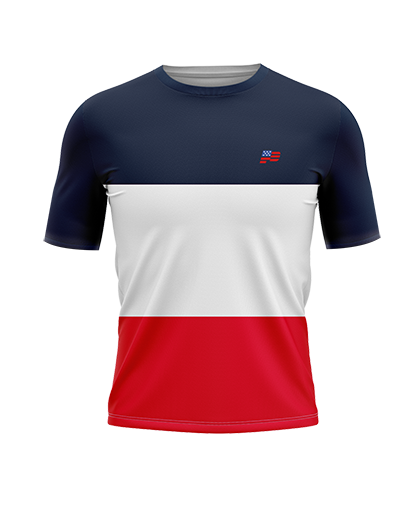 Patriot Sports  DEAL Mens 3/4 Sleeve Shirt   Front  View  with a combination of   blue white  and red. Ultra   HD  Graphic Design.  