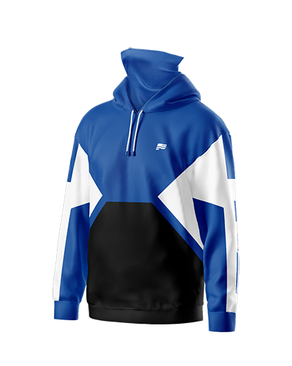 DRIVE Gaiter Hoodie  Patriot Sports  Front View   in a combination of Blue black  and  white color and  Ultra HD Graphic  design. 
