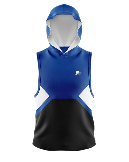 DRIVE Sleeveless hoodie    Patriot Sports   Front View with  a   combination of blue white  and black color and Ultra HD graphic . 