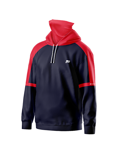 Patriot Sports STADIUM Gaiter Hoodie   Front View a combination  of blue and  red  color, hoodie is in  red .  