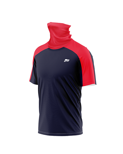 STADIUM Gaiter SS Tee   Patriot Sports   Front View with   a combination of blue and  Red color.   Graphics is  printed ultra HD.