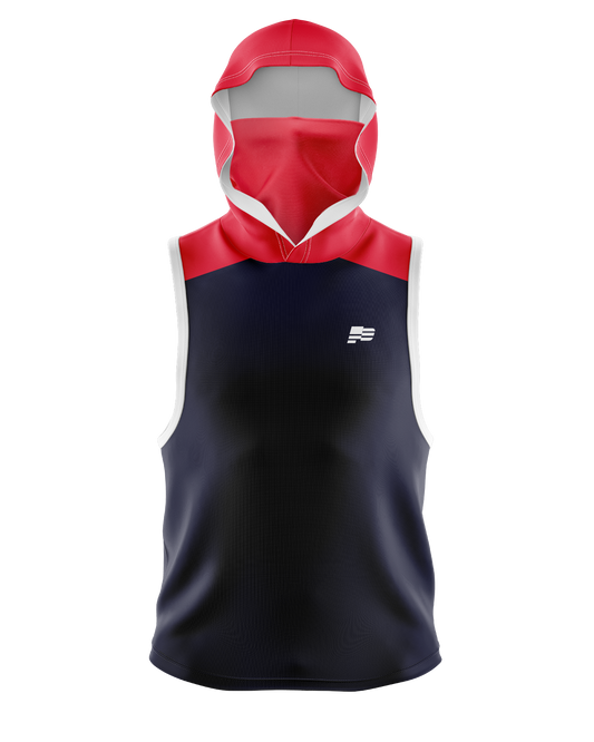 Patriot Sports STADIUM Sleeveless hoodie with gaiter  printed all over in HD on premium fabric. Front View. Handmade in California.