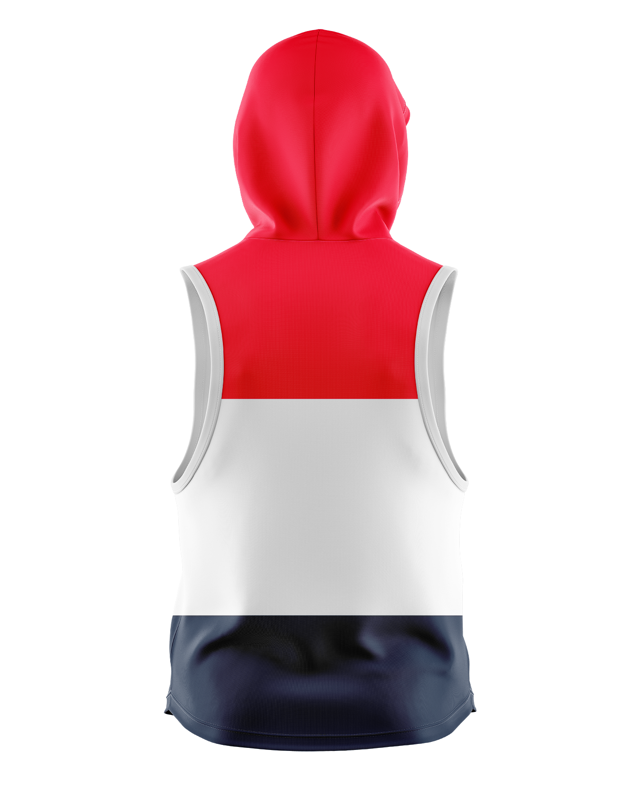 Streak Sleeveless hoodie    Patriot Sports    Back View  in a combination of   blue  white and   red color.
