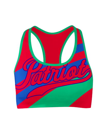 RAIN Sports Bra Patriot Sports  Front View.  printed all over in HD on premium fabric. Handmade in California.