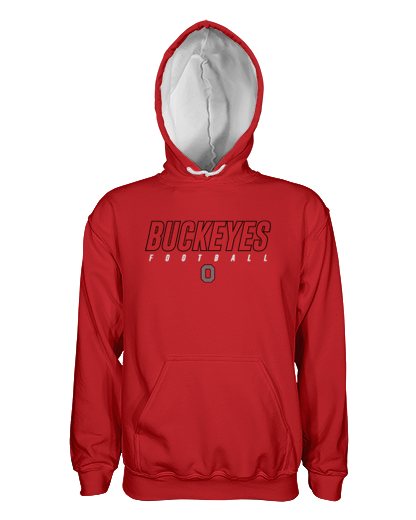 BUCKEYES CRIMSON Pullover Hoodie   Patriot Sports    Front  View. printed all over in HD on premium fabric. Handmade in California.