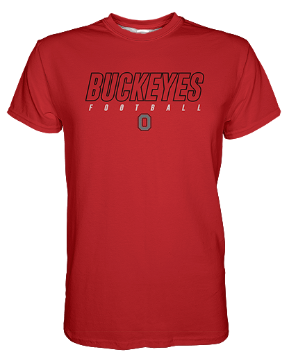 BUCKEYES CRIMSON T-shirt   Patriot Sports    Front  View. printed all over in HD on premium fabric. Handmade in California.