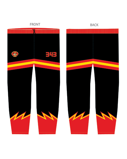 FIREDOGS BLACK Roller hockey pants    Patriot Sports    Front  View.  Printed all over in HD on premium fabric. Handmade in California.