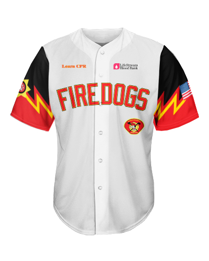  FIREDOGS WHITE Full Button Jersey  Patriot Sports    Front  View. Printed all over in HD on premium fabric. Handmade in California. 