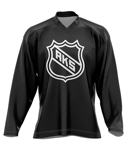 AKS ROLLER JERSEY BLACK V-neck Hockey    Patriot Sports   Front View .Printed all over in HD on premium fabric. Handmade in California.